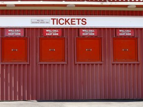 The tickets windows remain closed at Calgary's McMahon Stadium, home of the Calgary Stampeders, on Aug. 17, 2020.