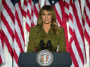 U.S. First Lady Melania Trump speaks to the largely virtual 2020 Republican National Convention from the Rose Garden of the White House in Washington, August 25, 2020.