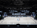 The court and benches are empty after the Milwaukee Bucks boycotted their game 5 playoff game against the Orlando Magic to protest the shooting of Jacob Blake by Kenosha, Wisconsin police.