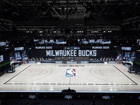 The court and benches are empty after the Milwaukee Bucks boycotted their game 5 playoff game against the Orlando Magic to protest the shooting of Jacob Blake by Kenosha, Wisconsin police.