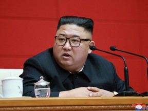 North Korean leader Kim Jong-un attends a political assembly meeting of the Central Committee of the Workers' Party of Korea, in North Korea, in this photo released on August 14, 2020 by North Korean Central News Agency (KCNA) in Pyongyang.