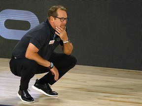 Nick Nurse of the Toronto Raptors looks on against the Brooklyn Nets during the third quarter in Game Two of the Eastern Conference First Round during the 2020 NBA Playoffs at The Field House at ESPN Wide World Of Sports Complex on August 19, 2020 in Lake Buena Vista, Florida.