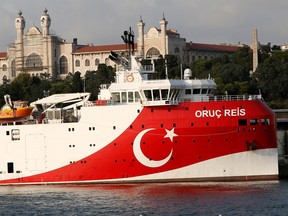 Turkish seismic research vessel Oruc Reis is seen in Istanbul, Turkey, Aug. 22, 2019.