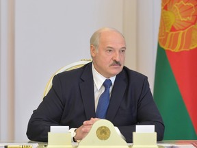 Belarusian President Alexander Lukashenko chairs a meeting with members of the Security Council in Minsk, Belarus Aug. 18, 2020.