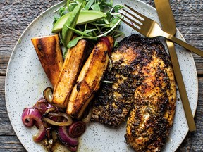 Blackened fish over yuca fries from Diala's Kitchen