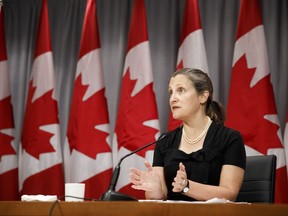 Deputy Prime Minister Chrystia Freeland speaks during a press conference in Toronto, Friday, Aug. 7, 2020.