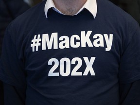 Peter MacKay supporter Scott Smith poses with a homemade t-shirt at MacKay's official campaign launch for leader of the Conservative Party of Canada in Stellarton, N.S. on Saturday, January 25, 2020.