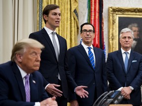 Jared Kushner speaks during a meeting with leaders of Israel and UAE announcing a peace agreement to establish diplomatic ties with Israel and the UAE, in the Oval Office of the White House on Aug. 13, 2020 in Washington, DC.