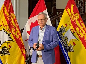 New Brunswick is reporting another case of COVID-19 in the Fredericton region. New Brunswick Premier Blaine Higgs speaks to media during a press conference in Fredericton on Thursday, July 30, 2020.