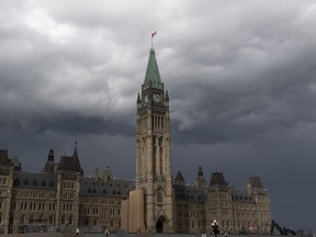 Storm clouds pass by the Peace tower and Parliament hill Tuesday August 18, 2020 in Ottawa. The parliamentary budget office says a one-time payment this fall to people with disabilities will cost the federal treasury $792 million.