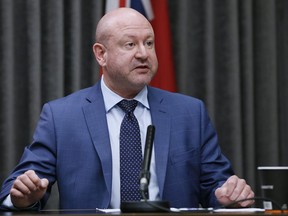 Dr. Brent Roussin, Manitoba chief public health officer, speaks during the province's latest COVID-19 update at the Manitoba legislature in Winnipeg on March 28, 2020.