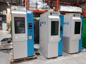 MySafe Verified Identity Dispensers are shown in this undated handout photo. A Halifax-area company is rolling out five drug-dispensing machines across Canada this week that it says will help battle the country's opioid crisis. Dispension Industries Inc. says its machines, which look like an ATM and weigh 360 kilograms, can dispense drugs such as hydromorphone to people addicted to opioids by scanning their palm.