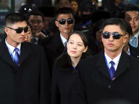 North Korean leader Kim Jong Un's sister Kim Yo Jong (C) arrives at Jinbu station to attend the opening ceremony of the Pyeongchang 2018 Winter Olympic Games in Pyeongchang on February 9, 2018.