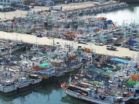 Fishing boats are anchored at a port on the southern island of Jeju on August 25, 2020, as Typhoon Bavi approaches South Korea. - Local reports said Typhoon Bavi was predicted to pass along the western coast of South Korea and make landfall in North Korea later in the week.