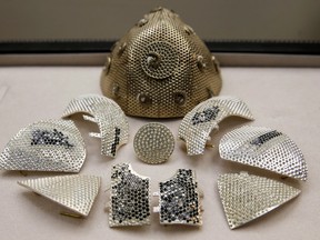 Parts of a diamond encrusted gold coronavirus disease (COVID-19) face mask, is seen in a fine jewelry factory in Motza, Israel August 11, 2020. Picture taken August 11, 2020.