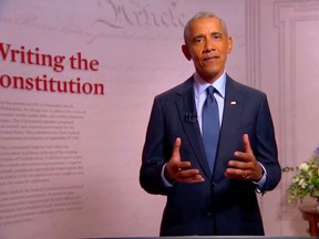 This video grab made on August 19, 2020 from the online broadcast of the Democratic National Convention, being held virtually amid the novel coronavirus pandemic, shows former US President Barack Obama speaking from Philadelphia, Pennsylvania, during the third day of the convention.