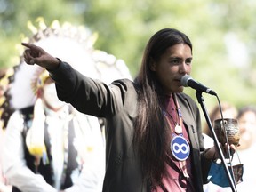 Tristen Durocher speaks at a press conference in Regina on Tuesday, Aug. 11, 2020. Durocher, 24, recently walked 639 kilometres from Air Ronge to Regina to begin a hunger strike near the Legislative Building to protest the provincial government's rejection of a suicide prevention bill.