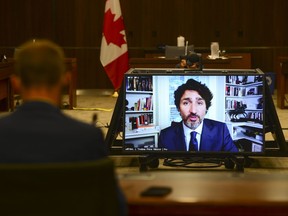 Prime Minister Justin Trudeau appears as a witness via videoconference during a House of Commons finance committee in the Wellington Building on Thursday, July 30, 2020.