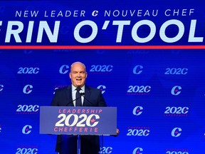 Conservative Party of Canada Leader Erin O'Toole speaks after his win at the 2020 Leadership Election, in Ottawa on Sunday, Aug. 23, 2020.
