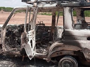 A handout photo obtained by AFP on August 9, 2020 shows the car where six French tourists, their local guide and the driver were killed by an unidentified gunmen riding motorcycles on August 9, 2020 in an area of southwestern Niger.
