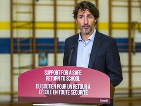 Canadian Prime Minister Justin Trudeau makes an announcement at Yorkwoods Public School in Toronto, Ont.  on Wednesday August 26, 2020.