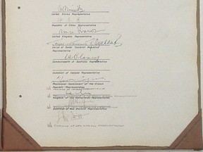 The Japanese copy of the Japan Instrument of Surrender, where Canadian Colonel Lawrence Moore Cosgrave signed on the wrong line.