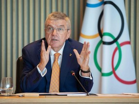 International Olympic Committee (IOC) president Thomas Bach holding a virtual executive board meeting at the IOC headquarters in Lausanne, September 9, 2020.