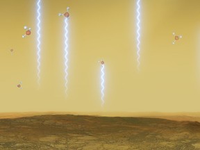 An artistic illustration depicts the Venusian surface and atmosphere, as well as phosphine molecules.