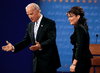 Democratic vice presidential nominee Senator Joe Biden and Republican vice presidential nominee Alaska Governor Sarah Palin onstage during the vice presidential debate on October 2, 2008.