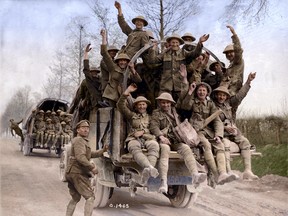 Canadian soldiers return from the battle of Vimy Ridge during the First World War in a photo that has been colourized.