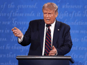 U.S. President Donald Trump speaks during the first presidential debate against Democratic presidential nominee Joe Biden on September 29, 2020.