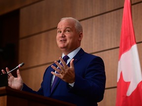 Erin O'Toole holds his first news conference as leader of the Conservative Party of Canada, on Parliament Hill in Ottawa on Aug. 25, 2020.