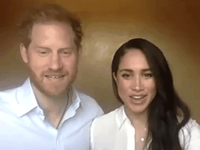 Prince Harry, and Meghan, Duchess of Sussex, on a video call for The Queen's Commonwealth Trust on July 1, 2020.