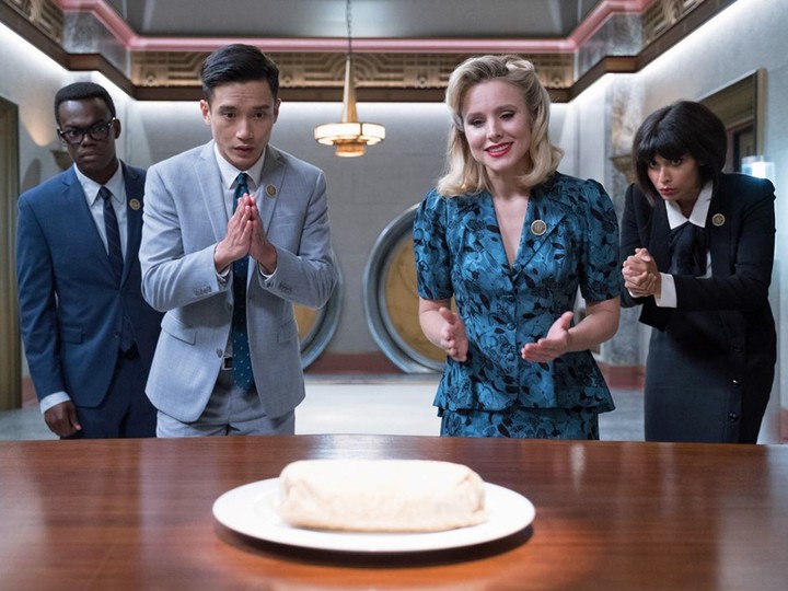  Jameela Jamil, right, appears in “The Good Place,” with (from left) William Jackson Harper, Manny Jacinto and Kristen Bell.