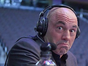 Announcer Joe Rogan reacts during UFC 249 on May 09, 2020 in Jacksonville, Florida.