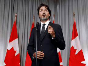Prime Minister Justin Trudeau speaks at a news conference at a cabinet retreat in Ottawa, September 14, 2020.