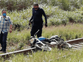 A motorcycle at the site where the body of journalist Julio Valdivia was found in Tezonapa, Veracruz, Mexico, September 9, 2020.