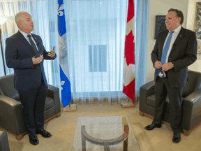 Federal Conservative Leader Erin O'Toole, left, and Quebec Premier Francois Legault meet in Montreal, Monday, Sept. 14, 2020.