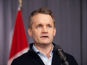Natural Resources Minister Seamus O'Regan speaks to media during the Liberal Cabinet retreat in Winnipeg on Jan. 20, 2020.