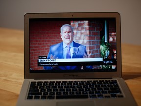 Erin O'Toole, leader of Canada's Conservative Party, speaks during a televised address as seen on a laptop computer in Ottawa, Ontario, Canada, on Wednesday, Sept. 23, 2020.