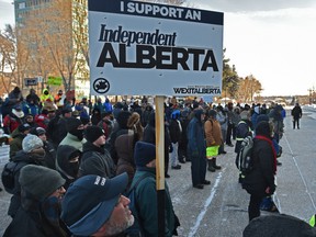 Wexit Alberta holds a protest rally to demand the United Conservative Party legislate a bill to hold a referendum on the lawful secession of the province of Alberta from Confederation, at the Alberta legislature in Edmonton on Jan. 11.