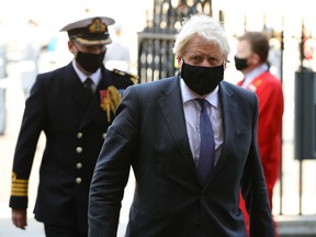 Prime Minister Boris Johnson arrives for a service to mark the 80th anniversary of the Battle of Britain at Westminster Abbey on Sept. 20, 2020 in London, United Kingdom.