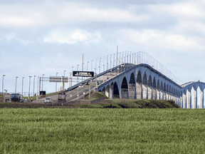 Motorists line up to cross the Confederation Bridge as the so-called bubble for the Atlantic region begins amid the COVID-19 pandemic, Friday July 3, 2020.