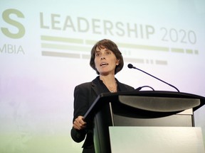 B.C. Green Party Leader Sonia Furstenau delivers her victory speech during a press event in Victoria, Monday, Sept. 14, 2020.