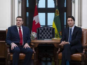 Prime Minister Justin Trudeau meets with Premier of Saskatchewan Scott Moe in his office on Parliament Hill in Ottawa, Tuesday, Nov. 12, 2019. Saskatchewan Premier Scott Moe says he wants to hear the federal government make a commitment to the oil and gas industry in next week's throne speech.