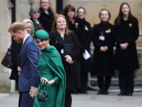 Britain's Prince Harry and Meghan, Duchess of Sussex arrive to attend the annual Commonwealth Day service at Westminster Abbey in London, Monday, March 9, 2020.