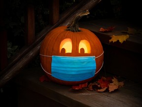 Lighted Halloween Jack o Lantern Pumpkin Wearing Covid PPE Mask