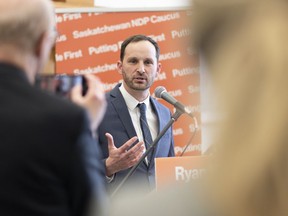 Ryan Meili, leader of the opposition NDP, speaks during an unusual Budget Day at the Legislative Building in Regina on March 18, 2020. A riding association in Regina says it will the challenge a decision by the Saskatchewan NDP to replace a candidate and former cabinet minister leading up to an election call. Barb Dedi is president of the NDP's constituency association in Regina Walsh Acres, and says she was shocked after the party called two weeks ago about a new nomination date when they already had a candidate in place. Sandra Morin won a contested nomination in 2019 to represent the party in the general election slated for October. Dedi says she learned from the party the decision for Morin to be dropped came from leader Ryan Meili, but was told was the matter is confidential.