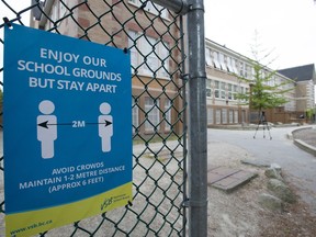 A physical distancing sign is seen during a media tour of Hastings Elementary school in Vancouver on September 2, 2020. Students across British Columbia are getting ready for COVID-19 orientation sessions this week amid a flurry of new protocols aimed at reopening schools while the pandemic wears on. Education Minister Rob Fleming has said districts are expecting 85 to 90 per cent of students to attend school in person, but some parents and students say they're frustrated by the lack of remote learning options, large class sizes and inconsistent messaging when it comes to physical distancing.