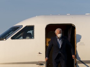 Democratic presidential candidate and former Vice President Joe Biden arrives on his plane at New Castle Airport in New Castle, Del., Monday, Sept. 7, 2020, as he returns from Harrisburg, Pa. Joe Biden is in America's manufacturing heartland today to hammer home how he would keep blue-collar jobs and investment on U.S. soil.